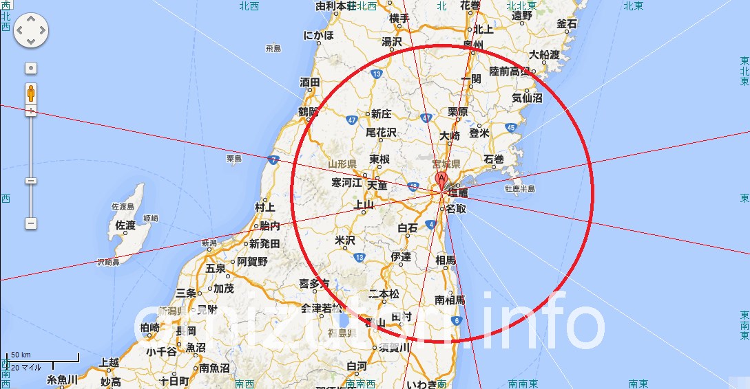 宮城県仙台市から見た吉方位地図 主なパワースポット